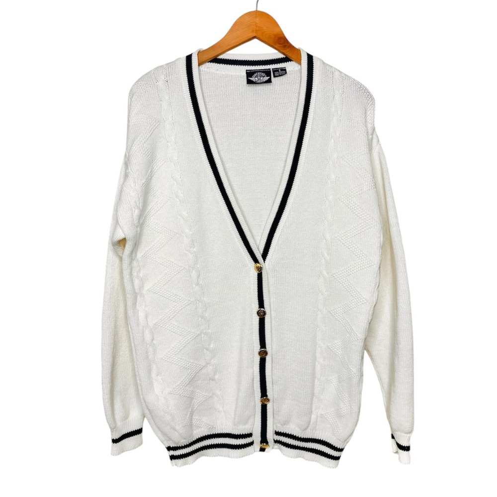 Vintage Dockers Cardigan Size Small White Navy Cable Knit Gold Button Oversized